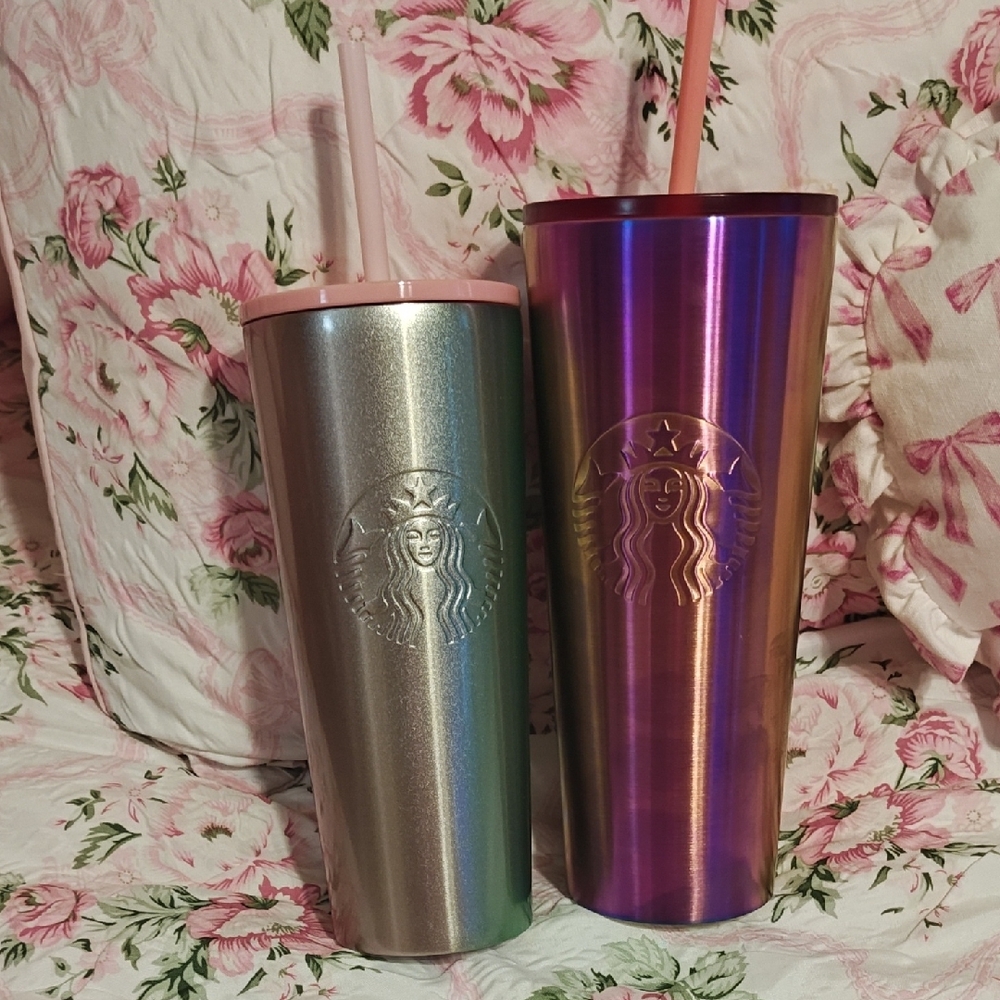 Starbucks Iridescent and Silver Tumblers with Straws